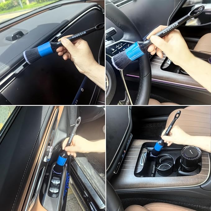 6pcs Car Detailing Brush Set-2pcs Boars Hair Car Detailing Brushes,2pcs Ultra Soft No Scratch Detailing Brush for Air Vent,Leather Seat 2pcs Detail Brushes for Interior Exterior(Blue)