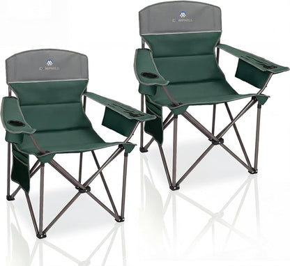 Oversized Camping Chairs 2 Pack - Heavy Duty 400LBS Padded Lawn Chair with Cooler Bag,Cup Holder,Side Pocket,Collapsible for Outdoor,Camp,Fishing & Garden,Dark Green