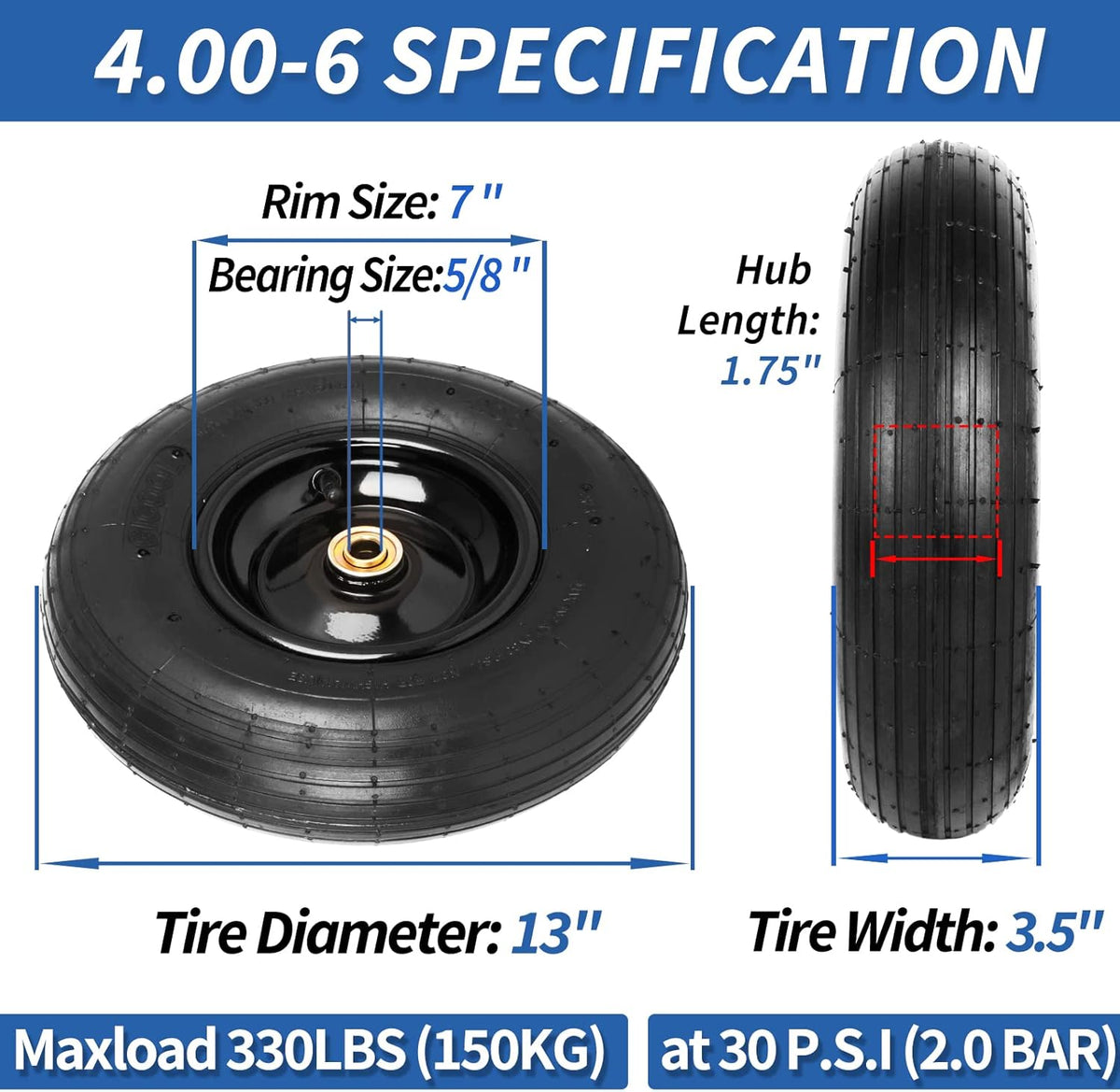 4.00-6 Tire and Wheel, 13" Wheelbarrow Pneumatic Tire, 5/8" & 3/4" Bearings, 1.75-6" Centered Hub,Sealed Bearings for Wheelbarrows Trolley Dolly Garden Wagon Cart Wheel Replacement