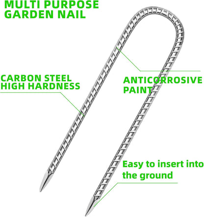 11 Pack Ground Garden Rebar Stakes Rebar 12 Inch Anti-Rust Galvanized Steel U Shape Hook Heavy Duty Ground Anchors for Tents, Position Kits,Fences, and Trampolines Landscape Fabric