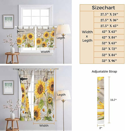 Farm Flowers Living Room Curtains 96 Inch Length, Window Curtains Tab Top, Retro Sunflowers Barn Doors Butterfly Wood Board Light Filtering Window Treatments Drapes 52"x96" 2 Panel