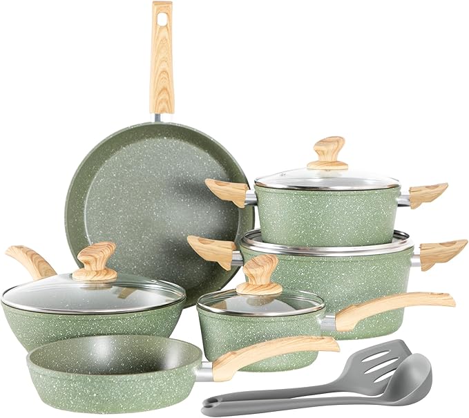 Kitchen Academy Non Toxic Pots and Pans Set Non Stick - 12 Piece Induction Cookware Sets, Green Granite Nonstick Cooking Pot and Pan Set, PFOA&PFOS Free