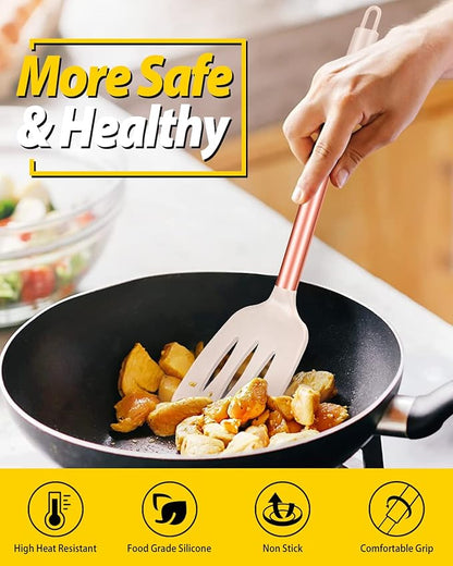 Pack of 2 Silicone Solid Turner, Non Stick Slotted Kitchen Spatulas, High Heat Resistant BPA Free Cooking Utensils, Ideal Cookware for Fish, Eggs, Pancakes(Rose Gold Khaki)