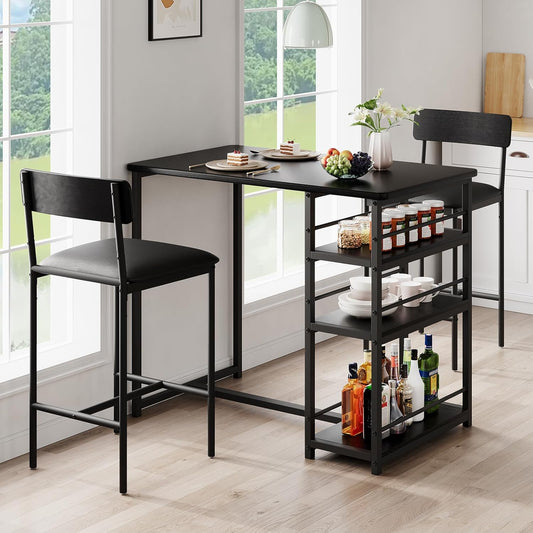 3 Piece Counter Height Dining Table Set for 2 with 3-Tier Storage Open Shelves & Upholstered PU Cushion Chairs, Space Saving Kitchen Table for Small Spaces, Apartment, Pub, Breakfast, Black