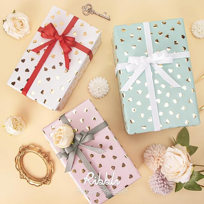Ribbli Birthday Wrapping Paper Heart Foil Mini Roll Gift Wrap for Women Girls Anniversary Mother's Day Valentine’s Day Wedding 17 inch x 120 inch(10feet) Per Roll