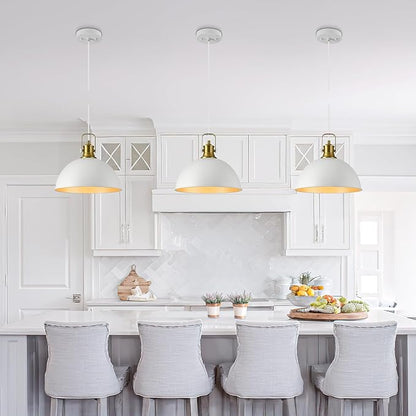 12 Inch White Farmhouse Pendant Lights for Kitchen Island Industrial Haning Lamp Adjustable Height Vintage Dome Hanging Light Fixtures for Barn, Dining Room