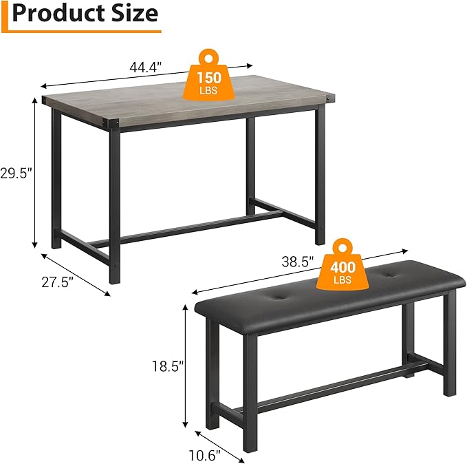 Dining Table Set for 4, Dining Room Table Set with 2 Upholstered Benches, Small Kitchen Table Set, 3 Piece Farmhouse Rectangular Dining Room Table Set, Space Saving Dining Table for Apartment