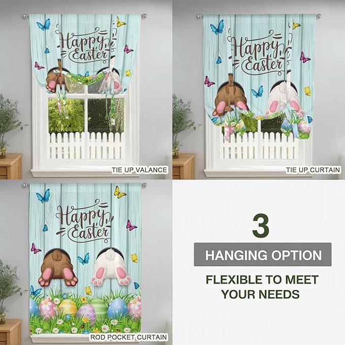 Tie Up Curtains,Happy Easter Bunny Butt Egg Floral Adjustable Rod Pocket Window Shade Curtain Drape Spring Plant on Aqua Wood Tie-Up Valance for Kitchen Bedroom Living Room Windows,42"x54"
