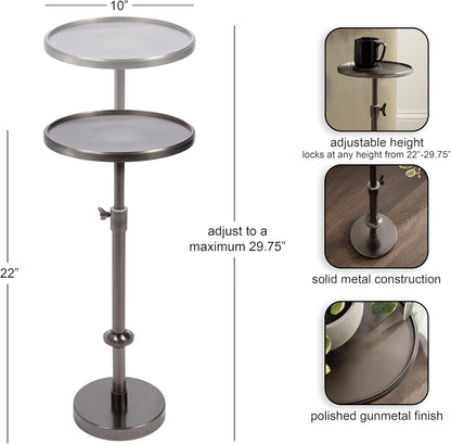 Kate and Laurel Engles Traditional Adjustable-Height Pedestal Drink Table, 10 x 10 x 30, Polished Gunmetal, Vintage Round Living Room Pedestal Table for Indoor Plant Stand with Protective Tabletop Lip