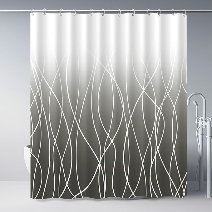 Punkray Ombre Dark Grey Striped Polyester Shower Curtain for Bathroom with Hooks, Shower Curtains for Bathroom, Waterproof Bath Accessories Hotel Style - Machine Washable 72 x 72