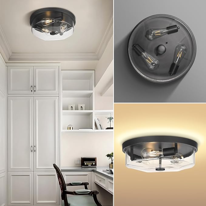 Flush Mount Ceiling Light with Clear Glass Shade, 3-Light Indoor Outdoor Farmhouse Lighting Flush Mount Lights for Kitchen Bedroom Porch Living Dining Room (Black)