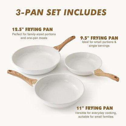 SENSARTE Nonstick Frying Pan Skillets, White Ceramic Coating Omelette Pans, Healthy Cookware Chef's Pan, Free of Intentionally Added PTFE & PFAS (9.5+11+12.5 Inch)