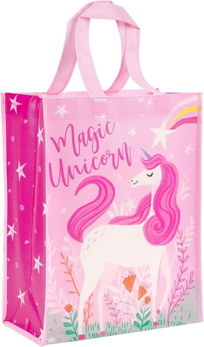 Loveinside Unicorn Reusable Gift Bag, Pink Magic Unicorn and Stars Design Medium Recycled Pink Gift Bag for Girls, Kids, Birthday, Baby Shower, Party Favor, 10" x 5" x 13", 1 Pcs