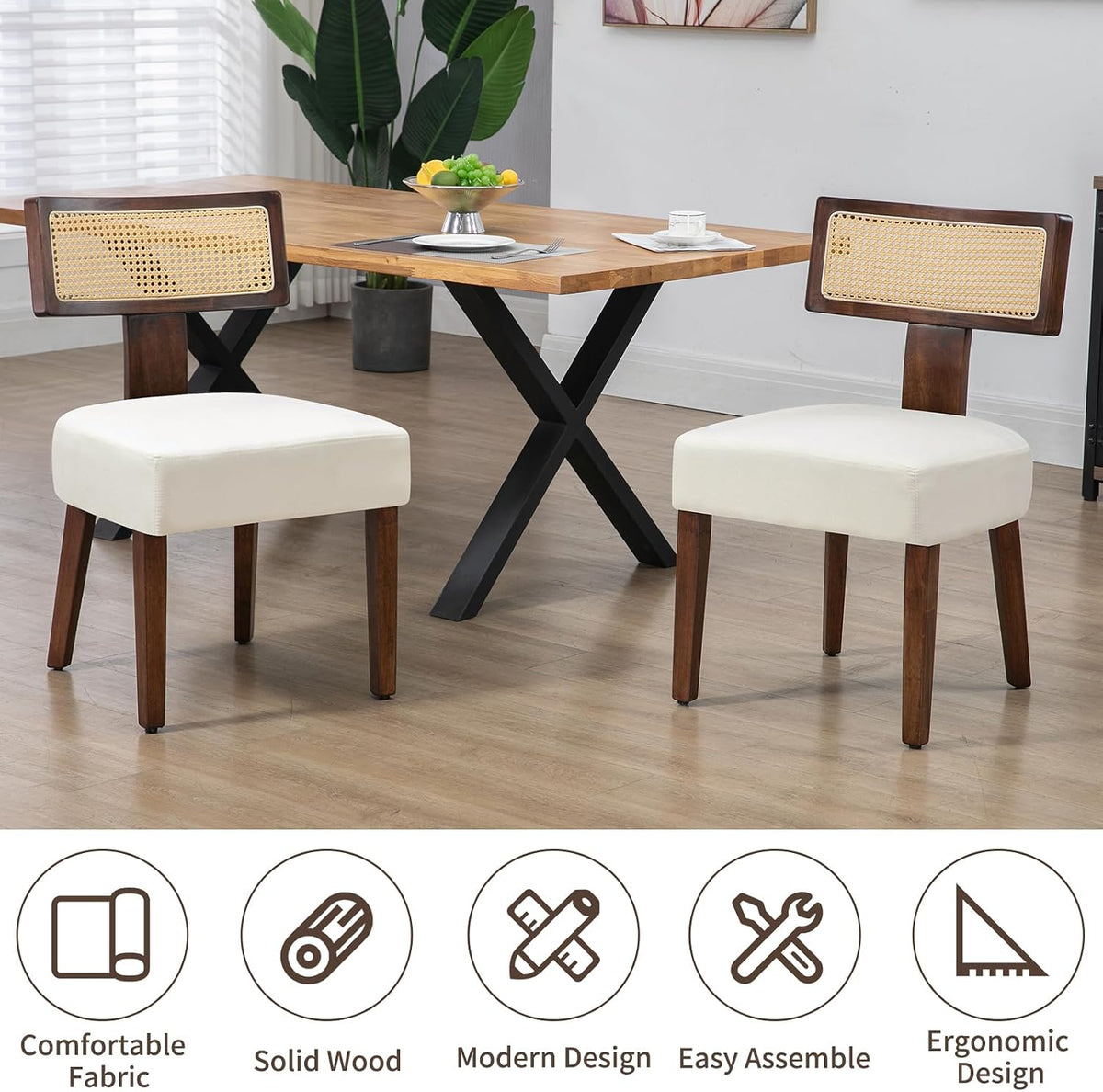 Rattan Dining Chairs Set of 2, Farmhouse Kitchen Chair with Cane Back & Wood Frame in Walnut Finish, Beige Linen Upholstered