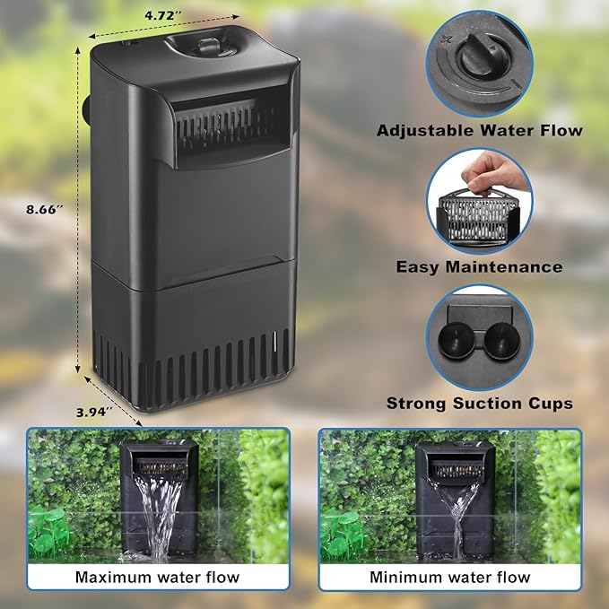 222GPH 10W Turtle Tank Filter Aquarium Filter Power Adjustable 10-40 Gal. Small Internal Filter 3-Stage Waterfall Bio-Filtration Quiet Low Water Level for Freshwater Saltwater Fish Tank Easy to Clean