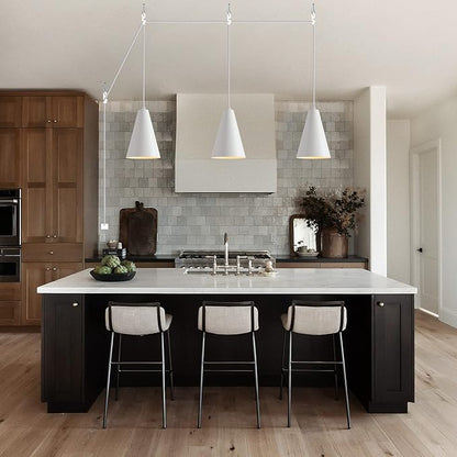 White Plug In Pendant Lights Kitchen Island,Dining Room Light Fixtures Over Table 1 Pack with Cone Metal Shade, Modern Farmhouse Mini Chandeliers with Cord On/Off Switch Hanging Lighting for Sink