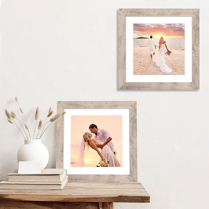 10x10 Picture Frame Set of 4 with High Definition Glass, Smoke Gray Frames Display 8x8 Picture with Mat or 10 x 10 Without Mat, Wood Square Photo Frame for Wall Mount and Tabletop Display