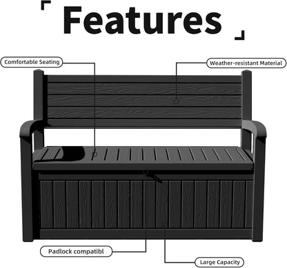 PatioZen 80 Gallon Outdoor Storage Bench Deck Box Waterproof Lockable,Outdoor Storage Furniture for Patio,Garden and Porch,Tools and Cushions（ Black Stripe）