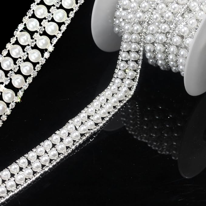 PEARLY JUN 2 Yards Pearl Rhinestone Trim Chain Silver Crystal Fringe Diamond Applique Ribbon String Tassel Strip for Sewing Wedding Dress Crafting Crafts Flower Embellishments