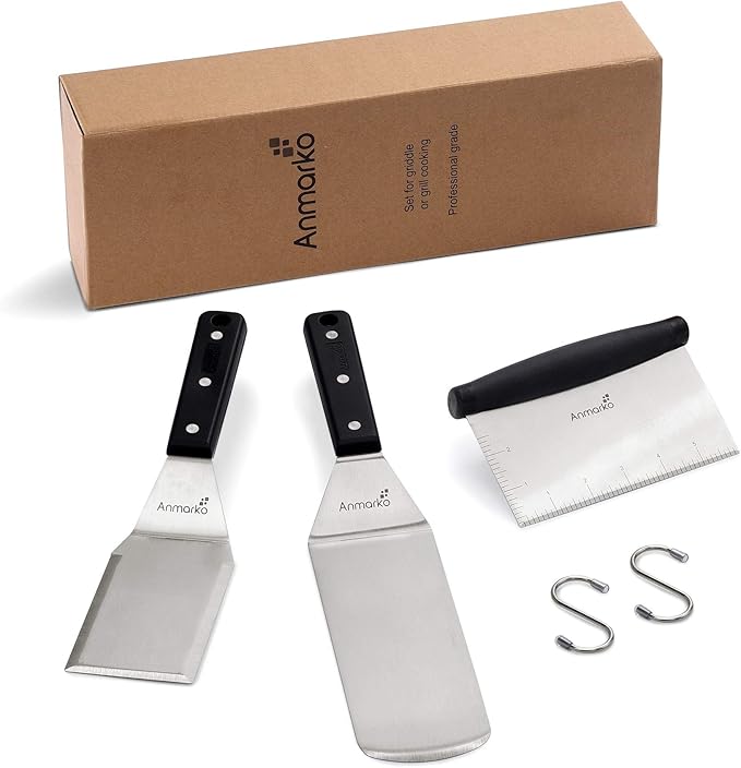 Anmarko Metal Spatula Stainless Steel Scraper - Professional Chef Griddle Spatulas Set of 3 - Heavy Duty Accessories Great for Cast Iron BBQ Flat Top Grill Skillet Pan - Commercial Grade