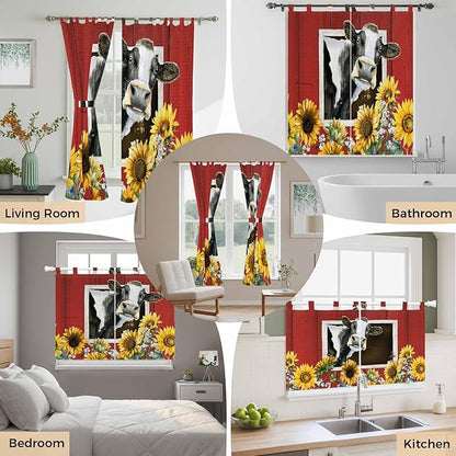 Cows Sunflowers Bedroom Curtains 63 Inch Length, Window Curtains Tab Top, Spring Botanical Floral Bees Red Barn Light Filtering Window Treatments Drapes 42"x63" 2 Panel