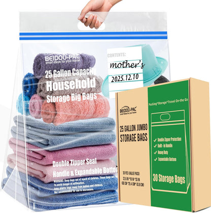 25 Gallon Jumbo Storage Bags with Handle, 30 Counts | Double Zipper Seal | Expandable Bottom, Resealable Clear zip Bags for Home Travel, Moving, Commercial and Outdoor