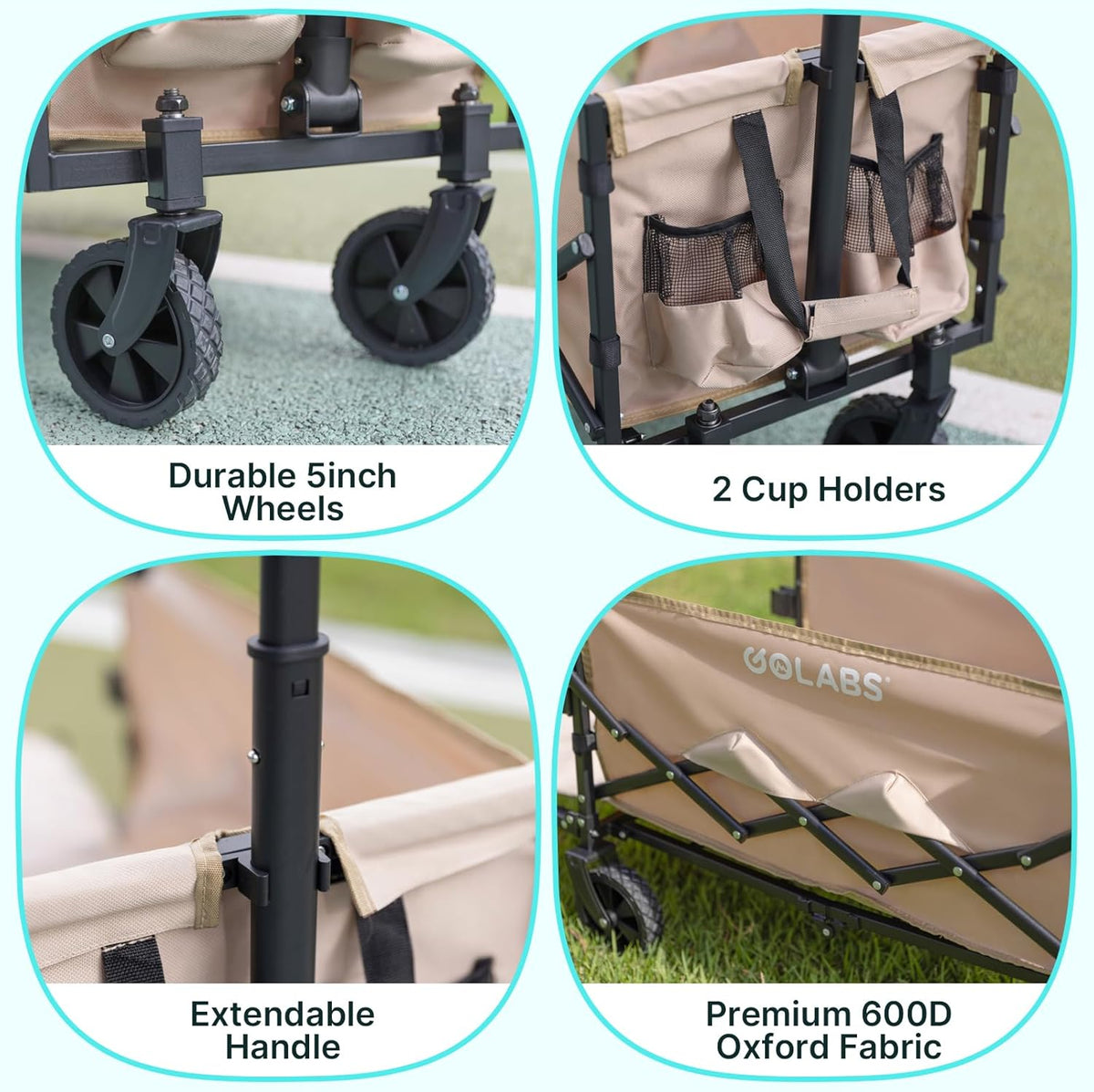 Golabs Collapsible Wagon Cart Max 350lb Load & Expandable Storage 100L, Double Bearing Design for Flexible Steering, Foldable Heavy Duty Garden Cart with 2 Cup Holders for Groceries, Garden & Camping