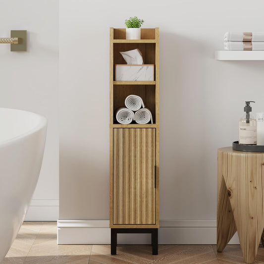 FerniTry Small Bathroom Storage Cabinet, Corner Narrow Toilet Paper Floor Cabinet with Door and Shelves,Bathroom Organizer with Adjustable Shelf, for Small Spaces (Oak)