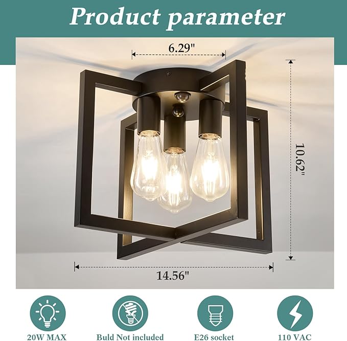 ZGLAOJT Motion Sensor Ceiling Light Fixture 3-Lights Semi Flush Mount Ceiling Light Black Industrial Indoor Chandelierfor Kitchen Living Room Bedroom Farmhouse Hallway Foyer