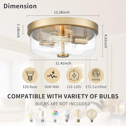 Gold Flush Mount Ceiling Light, 2-Light Hallway Light Fixtures, Modern Farmhouse Farmhouse Ceiling Light Clear Glass Brushed Gold Finish for Kitchen Porch Entryway