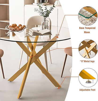 47.24" Round Glass Dining Table Modern Kitchen Glass Top Table for 6 with Gold Metal Legs, Clear Dining Table Kitchen Table for Home Office Dining Room