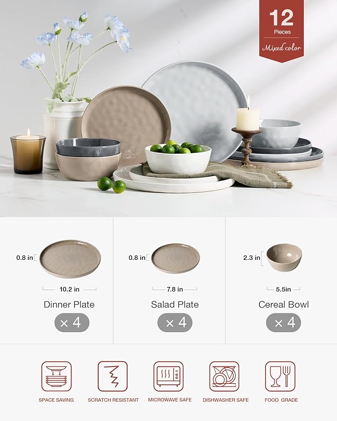 Famiware Mars Plates and Bowls Set, 12 Pieces Dinnerware Sets, Dishes Set for 4, Multi-color
