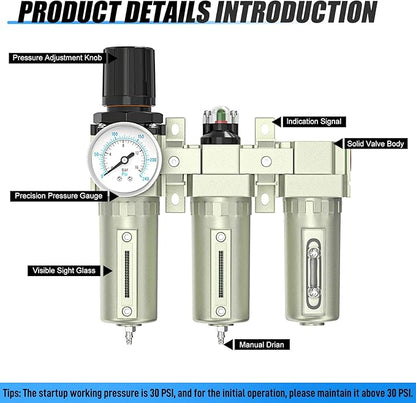 Heavy Duty Industrial Grade 3/4" NPT 3 Stage Air Drying System,Coalescing Filter, Particulate Filter, Desiccant Dryer and Air Regulator, Manual Drain, For Plasma Cutter and Paint Spray