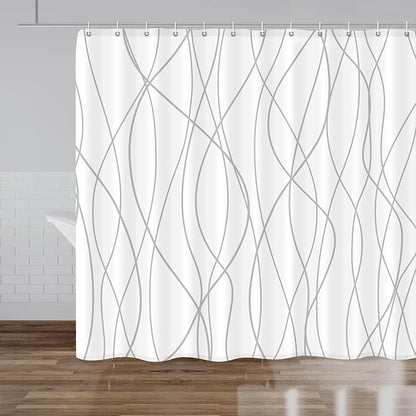 Punkray Grey and White Striped Polyester Shower Curtain for Bathroom with Hooks, Shower Curtains for Bathroom Decor, Waterproof Bath Accessories Hotel Style - Machine Washable 96 x 72