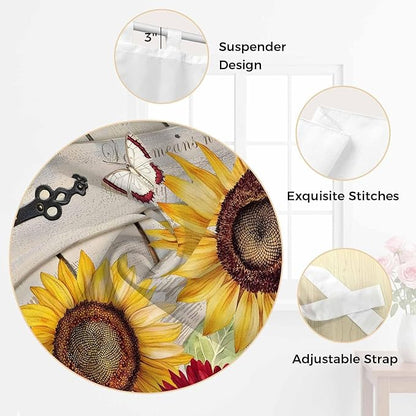 Red Yellow Sunflowers Bedroom Curtains 63 Inch Length, Window Curtains Tab Top, Retro Rustic Barn Doors Butterfly Brown Light Filtering Window Treatments Drapes 42"x63" 2 Panel