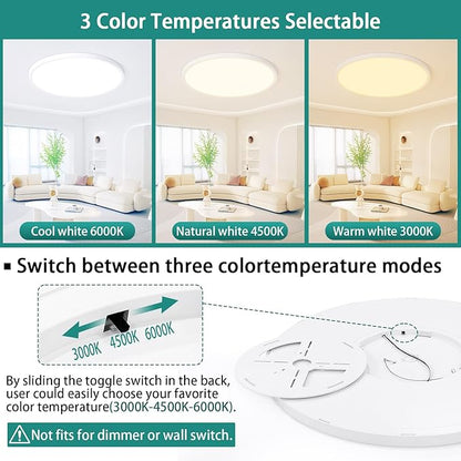 20 Inch Dimmable LED Ceiling Light Fixture, Ultra Thin Flush Mount, 40W 4000Lumen, 3 Color Changeable, Round, White, for Dining Room, Kitchen, Bedroom, Office, Hotel