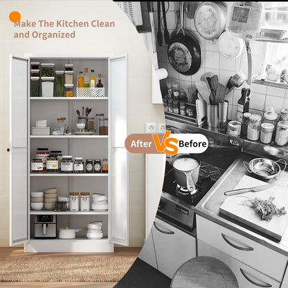 White Kitchen Pantry Cabinet, Freestanding Storage Cabinet with 5 Adjustable Shelves & Glass Doors, Magnetic Closure, for Small Kitchen Pantry Living Room Bathroom, 27.6x13.8x72 Inches