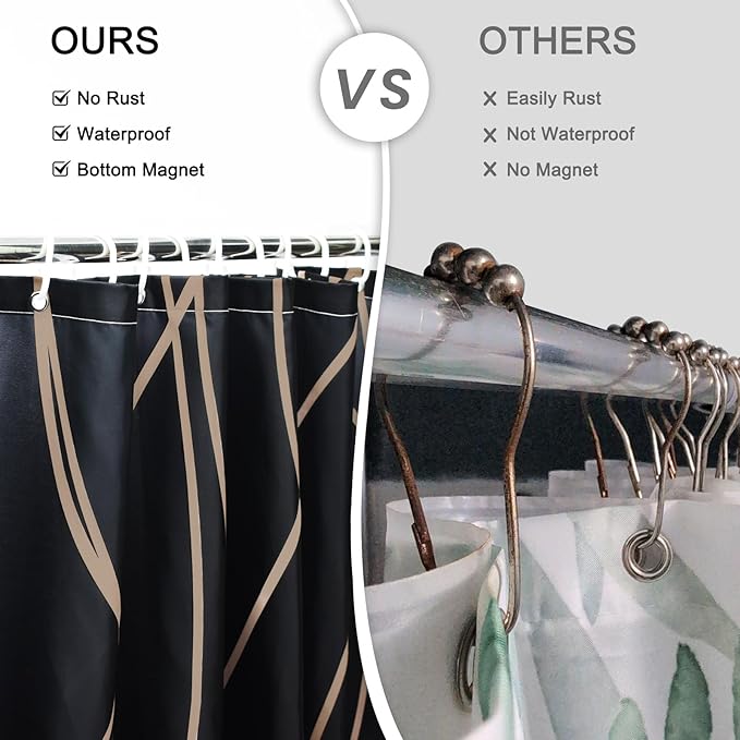 Punkray Black and Brown Striped Wavy Line Polyester Shower Curtain for Bathroom with Hooks, Weighted Hem, Waterproof Bath Accessories Hotel Style, 72 x 72