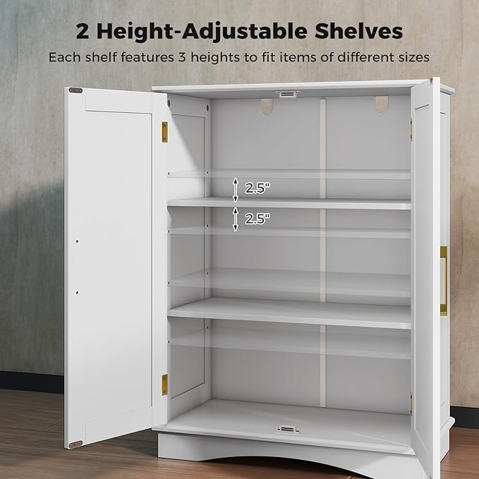 Tangkula Bathroom Floor Storage Cabinet, 31.5" H Freestanding Pantry Cabinet with 2 Doors and Adjustable Shelves, Kitchen Cupboard for Living Room, Dining Room, Bathroom (White, 31.5" H)