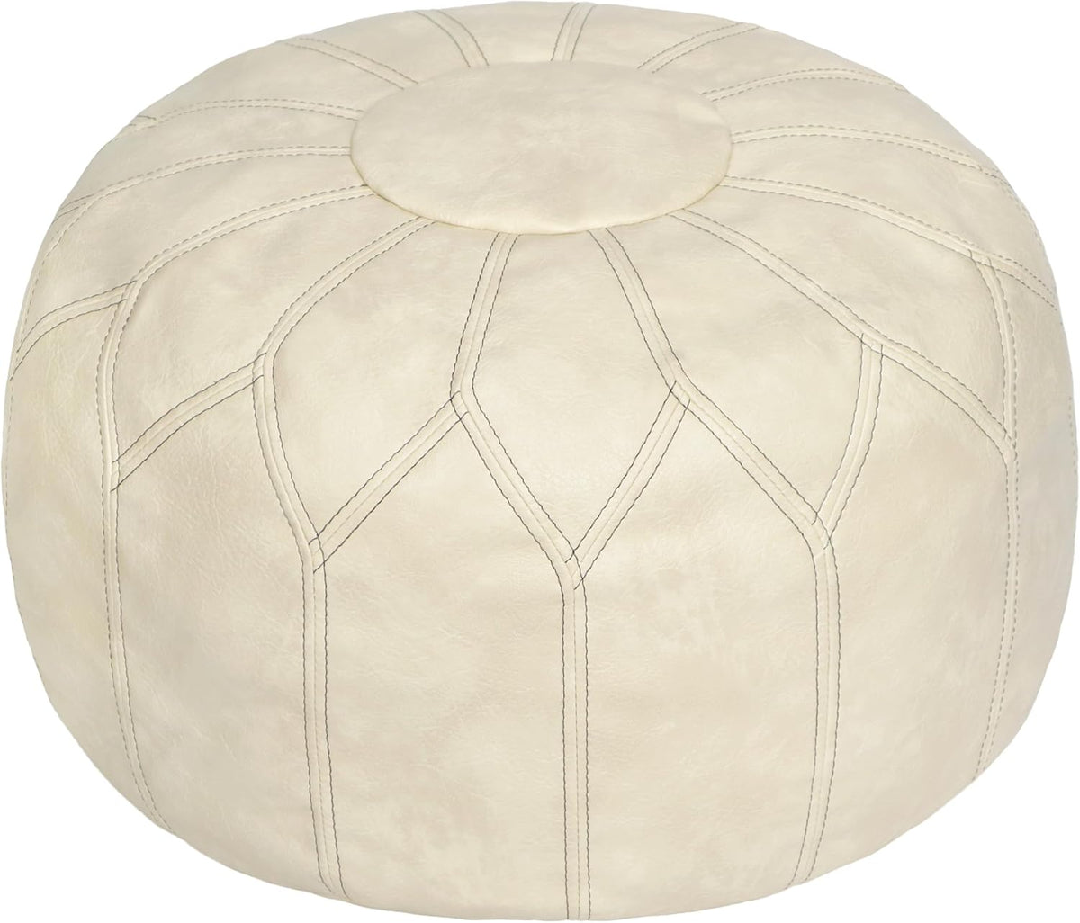 Thgonwid Unstuffed Moroccan Faux Leather Pouf Ottoman Cover with Storage - Boho Chic Multi-Use Footrest for Living Room, Bedroom, Patio - Round Ethnic Floor Cushion & Decorative Accent, Ivory