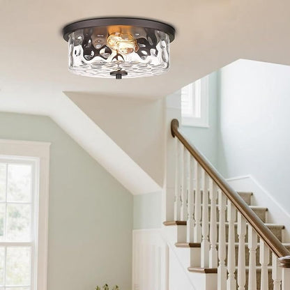 Indoor Flush Mount Lights, 2-Light Interior Hammered Glass Ceiling Fixture, Antique Bronze for Hallway, Dining Room, Kitchen
