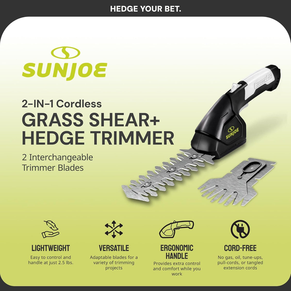 Sun Joe HJ604C 7.2-Volt Cordless Grass Shears and Trimmer, Charger and Battery Included