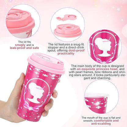 Yungyan 16 Sets Hot Pink Girl Party Favors Goodie Cups with Lids and Straws for Birthday Decorations Reusable 16oz Plastic Candy Cups Plastic Straws for Birthday Party (Pink Princess)