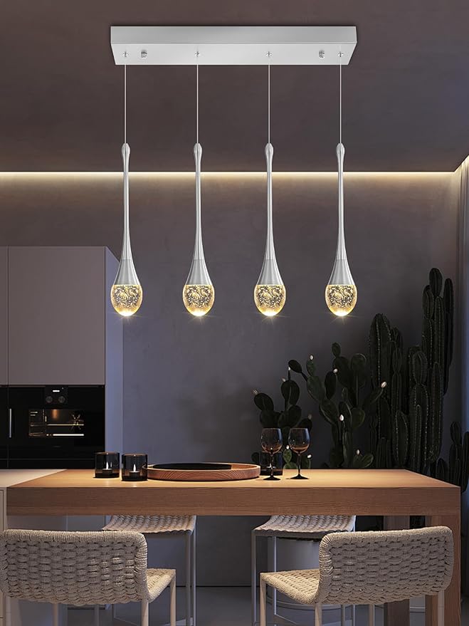Dining Room Light Fixture 4-Light Silver Kitchen Island Lighting Industrial Linear Crystal Chandeliers for Dining Room Pendant Light Fixture for Living Room Hallway Bedroom