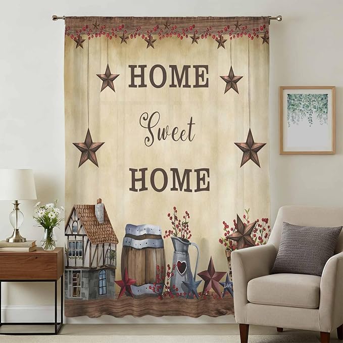 Farm Sheer Curtains 84 Inch Length American Country Barn Star Vintage Berry Brown Chiffon Curtain for Bedroom Living Room Light Filtering Rod Pocket Window Treatments Voile Curtains Drapes for Dining
