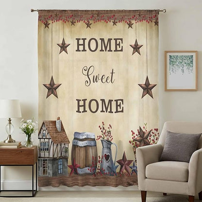 Farm Sheer Curtains 54 Inch Length American Country Barn Star Vintage Berry Brown Chiffon Curtain for Bedroom Living Room Light Filtering Rod Pocket Window Treatments Voile Curtains Drapes for Kitchen