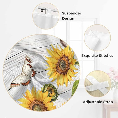 Yellow Sunflowers Kitchen Curtains 45 Inch Length, Short Cafe Window Curtains Tab Top, Vintage Country Flowers Butterfly Wood Board Light Filtering Window Treatments Tier Drapes 27.5"x45" 2 Panel