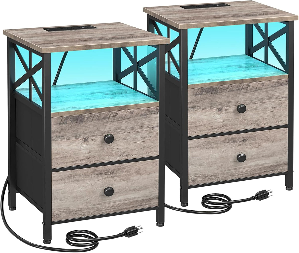 AMHANCIBLE Nightstands Set of 2 with Charging Station and LED Lights | Large Bedside Tables with USB Ports and AC Outlets, 2 Fabric Drawers, Modern Night Stand for Bedroom, Grey