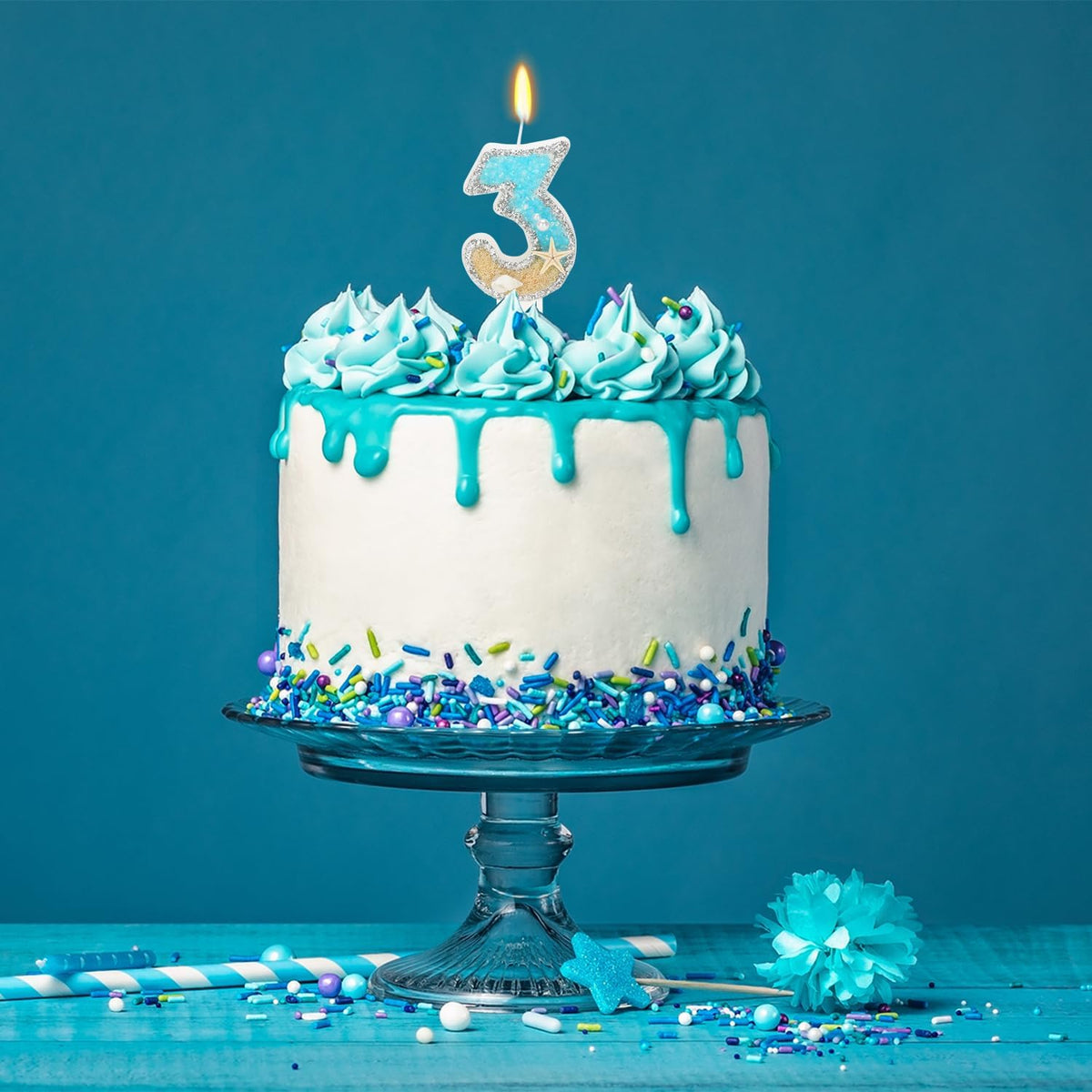 3rd Birthday Candle for Cake, Beach Starfish Sequins Candles, 2.76 inch Cake Topper Decoration for Birthday Party (Number 3)