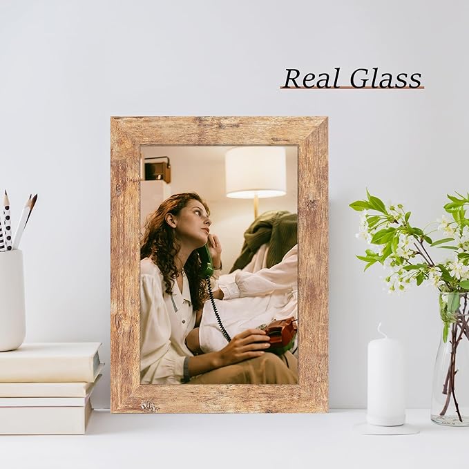 6x9 Picture Frame Set of 4, High Definition Real Glass Rustic Brown Frame, 6 x 9 Wood Photo Frames for Tabletop Display and Wall Mounting